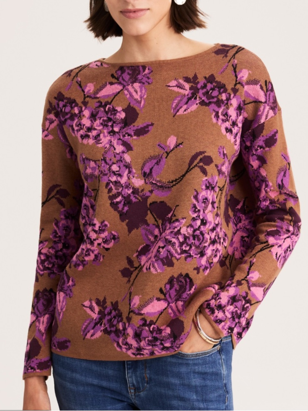 J Jill Floral Crewneck Sweater in Brown and Purple, excellent condition size M